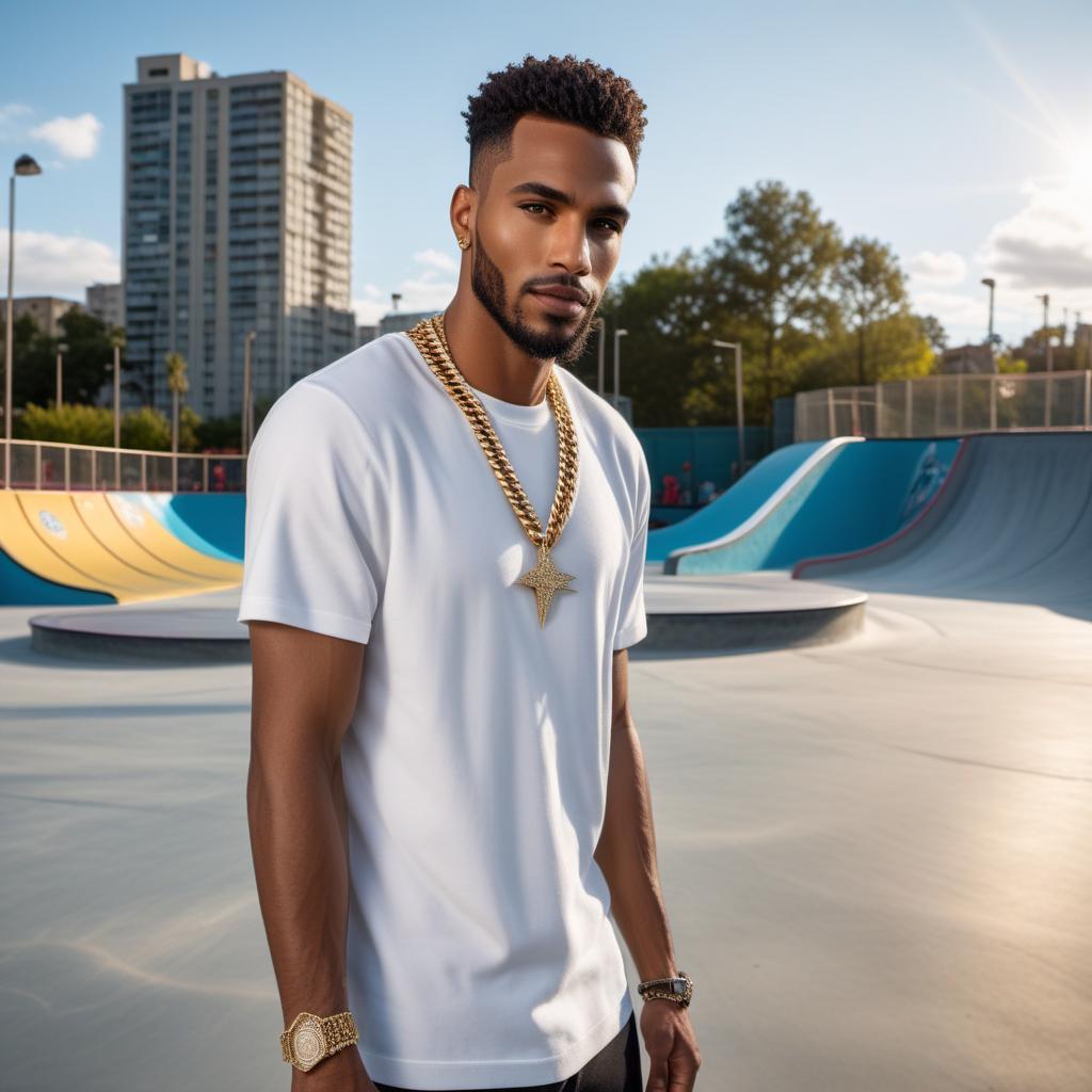  A straight, real-looking man wearing a single, very shiny, diamond-clustered Cuban chain, posing confidently at a skate park. The background should show ramps, rails, and other typical skate park elements. The man is dressed in casual streetwear and posing in a way that highlights his chain. hyperrealistic, full body, detailed clothing, highly detailed, cinematic lighting, stunningly beautiful, intricate, sharp focus, f/1. 8, 85mm, (centered image composition), (professionally color graded), ((bright soft diffused light)), volumetric fog, trending on instagram, trending on tumblr, HDR 4K, 8K