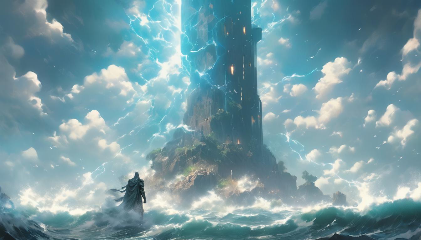  hyperrealism,fantasy aestheticA towering lighthouse, beam of light cutting through the darkness, illuminating a path forward, sturdy stone structure, waves crashing against its base, beacon of hope, clarity, guidance, high tech clothing clad in sleek, futuristic costume with metallic accents and form fitting designs, marvel superhero comics style, unreal engine rendering