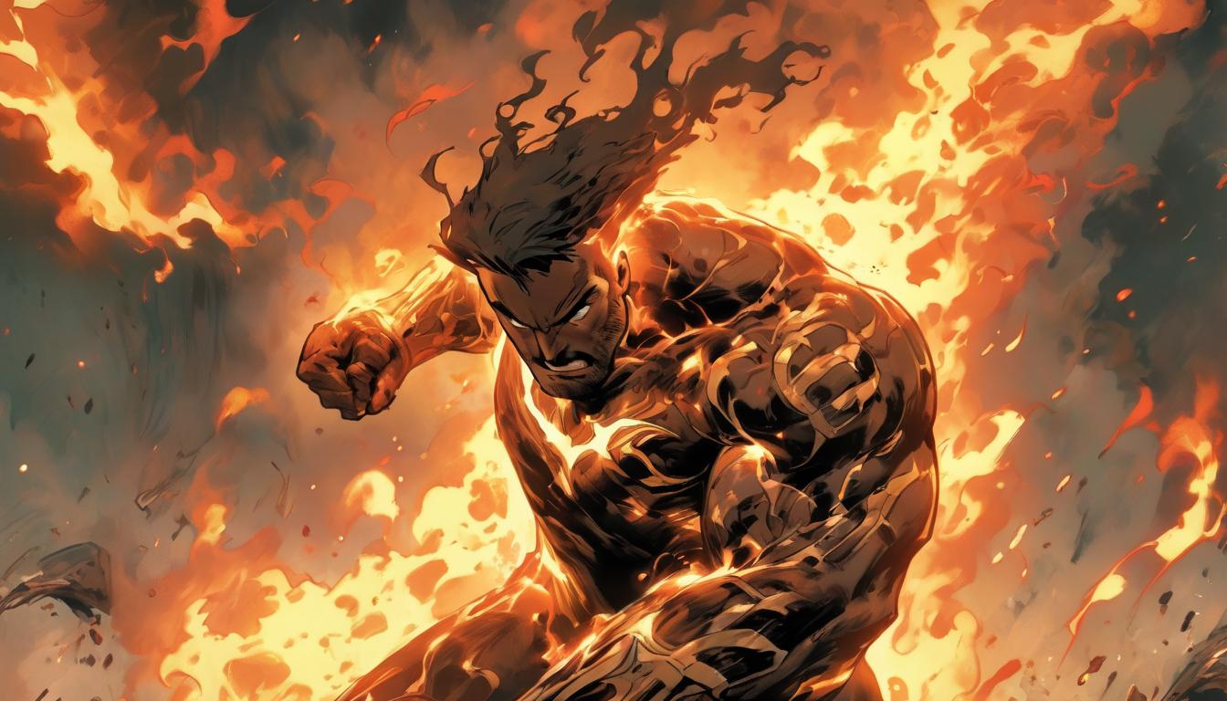  hyperrealism,fantasy aestheticHercules, anguished face contorted in pain, robe burning and consuming him, tragic end, ethereal flames, sadness, poignancy, high tech clothing clad in sleek, futuristic costume with metallic accents and form fitting designs, marvel superhero comics style, unreal engine rendering