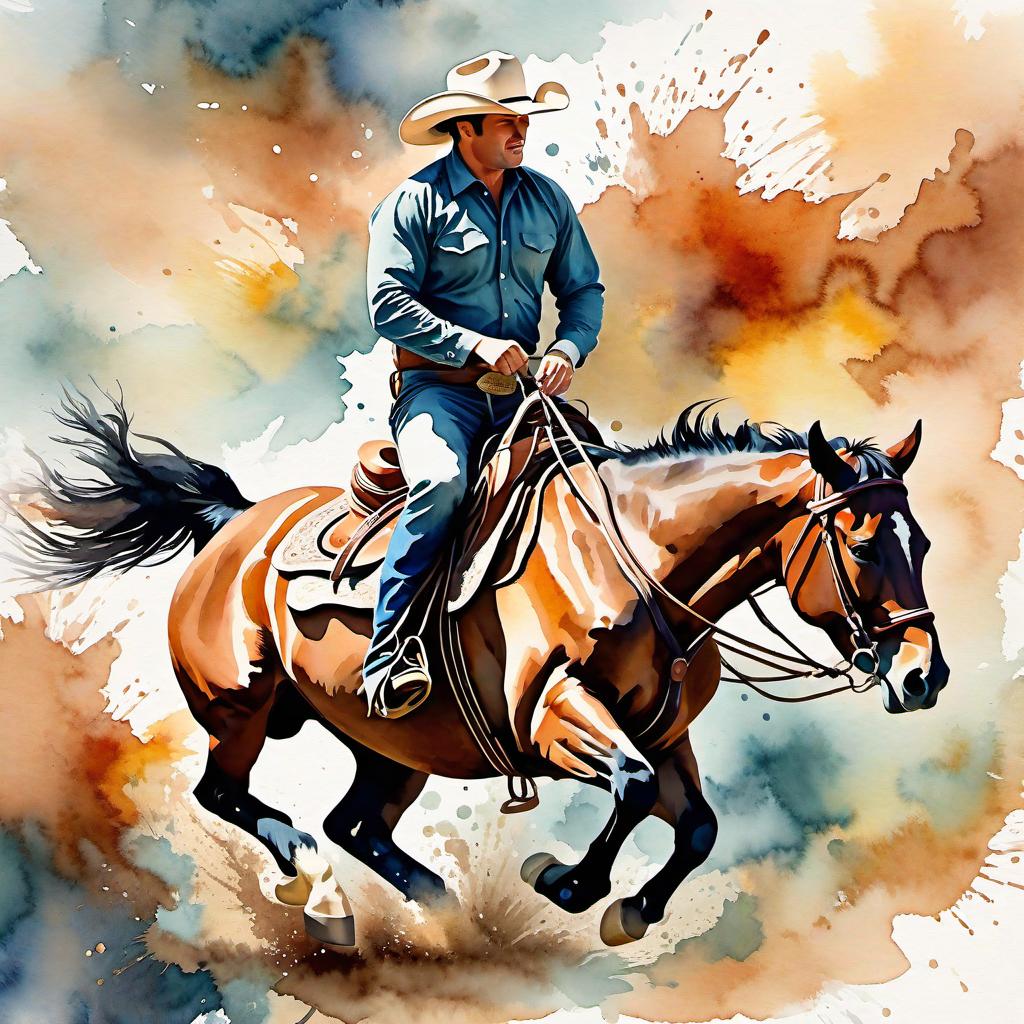  Create a watercolor painting of a man ridding a bucking horse at a rodeo. The background features soft, watercolor style splashes in earthy tones, giving the image an artistic and dreamy feel. Ensure the overall image has a delicate watercolor effect.