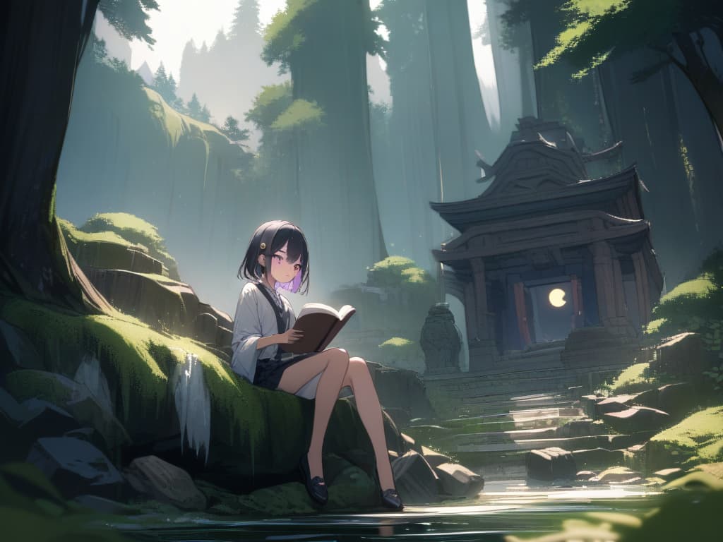  Forest,sunlight filtering through the trees,Mountain stream,moss covered rocks,broken shrine,moss covered building,forest,reading,best quality,beautiful,fantastic,cool girl,Black hair,(purple eyes),short,cropped hair,crescent moon hair ornament,On the stump, masterpiece, best quality,8k,ultra detailed,high resolution,an extremely delicate and beautiful,hyper detail