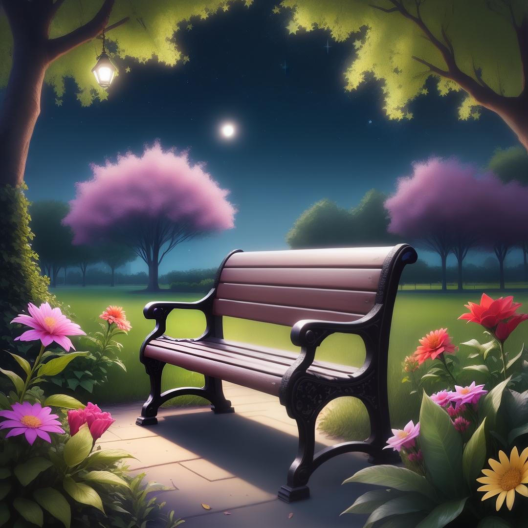  A park bench, stars , beautiful flowers exotic, half-day, half-nighttime , hyperrealistic, high quality, highly detailed, perfect lighting, intricate, sharp focus, f/1. 8, 85mm, (centered image composition), (professionally color graded), ((bright soft diffused light)), trending on instagram, HDR 4K, 8K