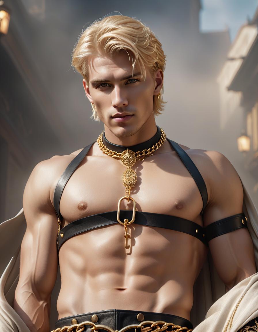  A young blond man, adorned with golden chains. hyperrealistic, full body, detailed clothing, highly detailed, cinematic lighting, stunningly beautiful, intricate, sharp focus, f/1. 8, 85mm, (centered image composition), (professionally color graded), ((bright soft diffused light)), volumetric fog, trending on instagram, trending on tumblr, HDR 4K, 8K