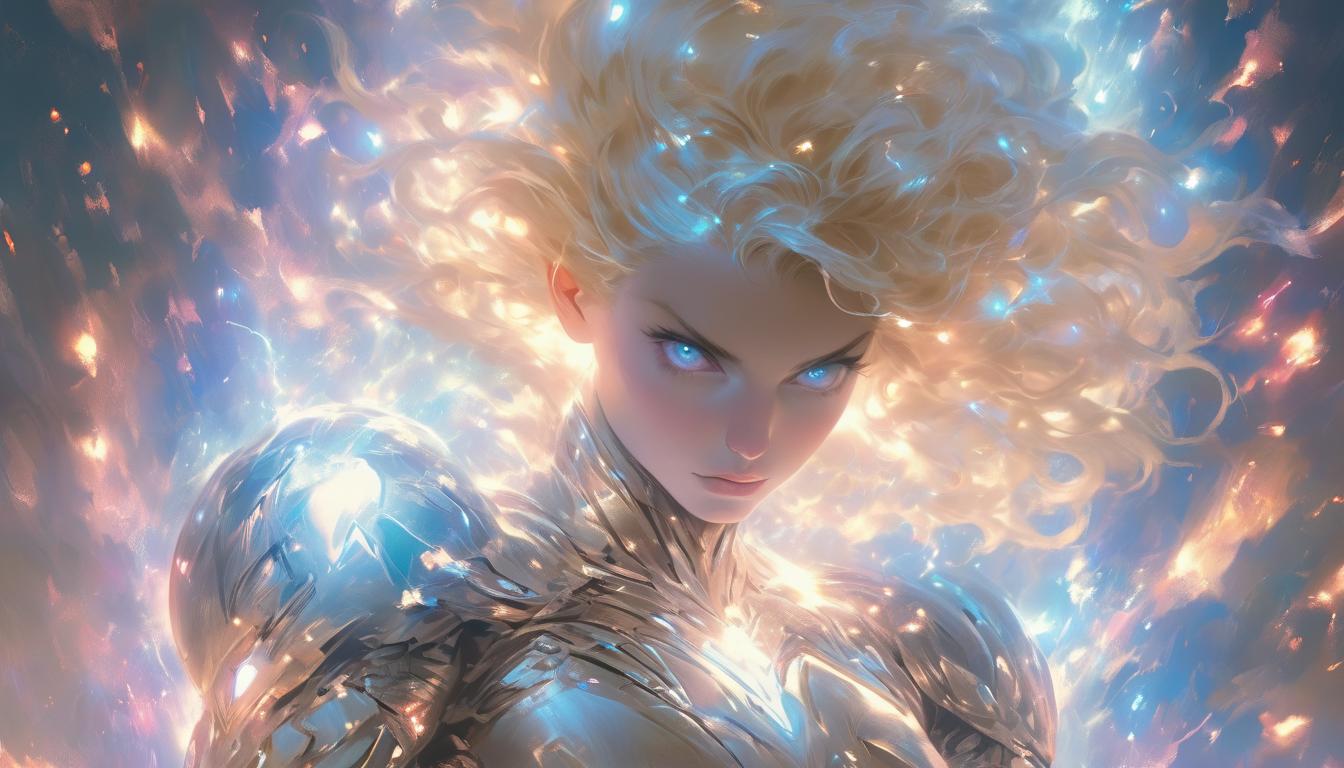  hyperrealism,fantasy aesthetic1woman, large busted attractive arian blonde female humanoid, gentle eyes, divine spark in hand, glowing softly, surrounded by celestial particles, dreamlike ethereal atmosphere, high tech clothing clad in sleek, futuristic costume with metallic accents and form fitting designs, marvel superhero comics style, unreal engine rendering