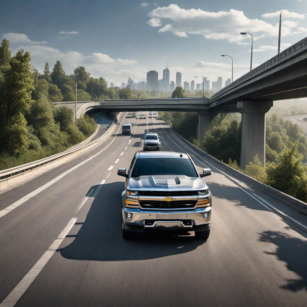  A caricature drawing of a slate gray Chevy Silverado driving crazily on the freeway. The truck is driving over vehicles that are stopped in front of it. Inside the truck, there are two men with exaggerated, bulging eyes, wearing hats and glasses, with their heads hanging out of the windows. They look frantic and are trying to hurry home. The freeway is cluttered with other vehicles, and the background includes typical highway scenery with street signs, trees, and overpasses. There's a sense of urgency and chaos. hyperrealistic, full body, detailed clothing, highly detailed, cinematic lighting, stunningly beautiful, intricate, sharp focus, f/1. 8, 85mm, (centered image composition), (professionally color graded), ((bright soft diffused light)), volumetric fog, trending on instagram, trending on tumblr, HDR 4K, 8K