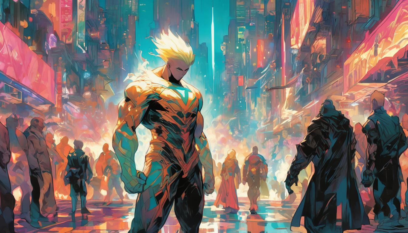  hyperrealism,fantasy aesthetic1man, arian blonde male humanoid, standing in a vibrant city square, bright colors, people bustling around him, slight glow around him, representing heightened perception, energy radiating, high tech clothing clad in sleek, futuristic costume with metallic accents and form fitting designs, marvel superhero comics style, unreal engine rendering