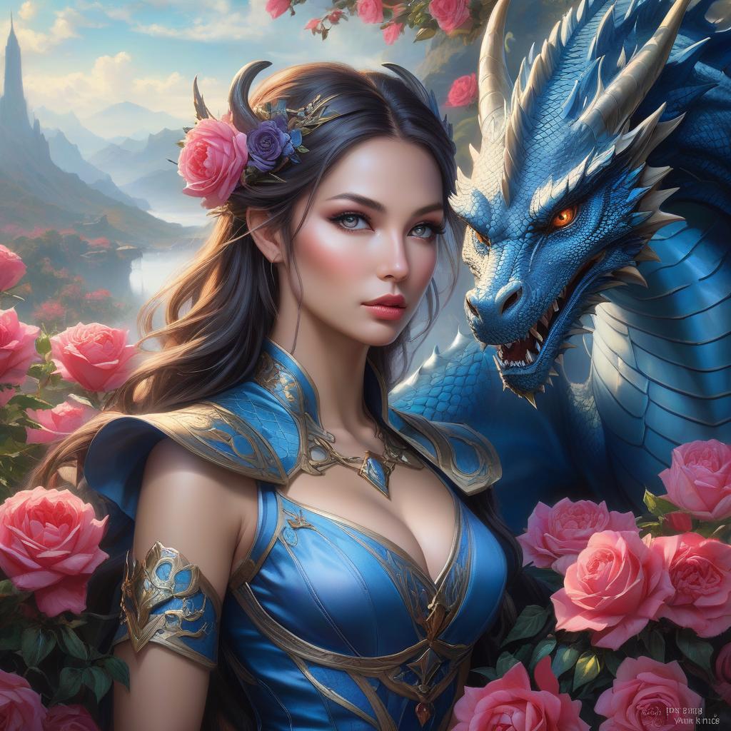  hyperrealistic art A woman with a serene expression is pictured alongside a blue dragon amidst a backdrop of roses in a fantasy style artwork a painting of a woman with a dragon on her shoulder, the dragon girl portrait, beautiful fantasy art portrait, fantasy art portrait, fantasy portrait art, detailed matte fantasy portrait, beautiful fantasy portrait, amazing fantasy art, detailed fantasy art, fantasy portrait, epic fantasy art portrait, fantasy genre portrait, dragon girl, fantasy art, heather theurer, dragon portrait, beautiful fantasy art . extremely high resolution details, photographic, realism pushed to extreme, fine texture, incredibly lifelike hyperrealistic, full body, detailed clothing, highly detailed, cinematic lighting, stunningly beautiful, intricate, sharp focus, f/1. 8, 85mm, (centered image composition), (professionally color graded), ((bright soft diffused light)), volumetric fog, trending on instagram, trending on tumblr, HDR 4K, 8K