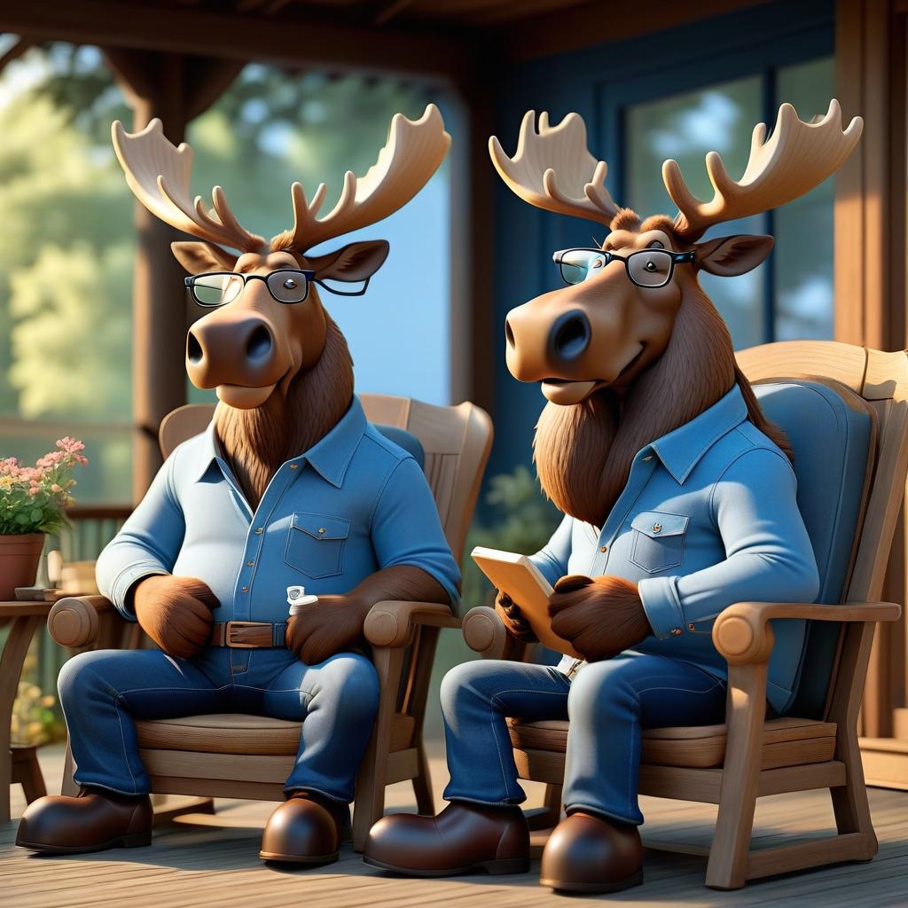  Two cartoon moose are sitting on the veranda in armchairs and discussing travel. The eldest moose with glasses on his nose. the youngest moose in a blue shirt and jeans hyperrealistic, full body, detailed clothing, highly detailed, cinematic lighting, stunningly beautiful, intricate, sharp focus, f/1. 8, 85mm, (centered image composition), (professionally color graded), ((bright soft diffused light)), volumetric fog, trending on instagram, trending on tumblr, HDR 4K, 8K