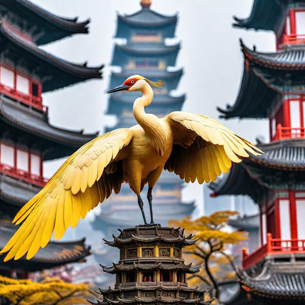  Yellow Crane Tower in Wuhan hyperrealistic, full body, detailed clothing, highly detailed, cinematic lighting, stunningly beautiful, intricate, sharp focus, f/1. 8, 85mm, (centered image composition), (professionally color graded), ((bright soft diffused light)), volumetric fog, trending on instagram, trending on tumblr, HDR 4K, 8K