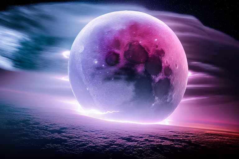  Moon with atmosphere seen from space lightning storm pink cinematic photorealistic very detailed