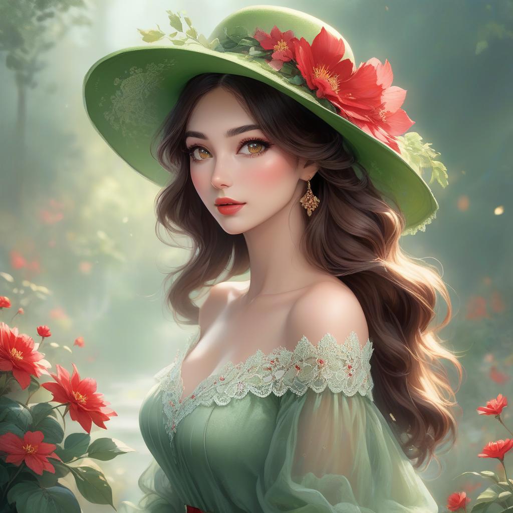  concept art A digital artwork of a young woman with wavy brown hair, wearing a green hat adorned with a red flower, with a soft focus background. Create the image of a young woman with a fair complexion and soft facial features. She has charming almond shaped hazel eyes and full lips that add to her serene expression. Her wavy, dark brown hair falls gracefully under a wide brimmed, light green hat decorated with intricate lace patterns and a delicate red flower. The background merges with her form in a dreamy watercolor blend of green, red and hints of yellow, suggesting a mix of floral and abstract elements. The woman wears an off the shoulder top with a touch of blue, adding to the overall soft and artistic atmosphere of the scene. The  hyperrealistic, full body, detailed clothing, highly detailed, cinematic lighting, stunningly beautiful, intricate, sharp focus, f/1. 8, 85mm, (centered image composition), (professionally color graded), ((bright soft diffused light)), volumetric fog, trending on instagram, trending on tumblr, HDR 4K, 8K