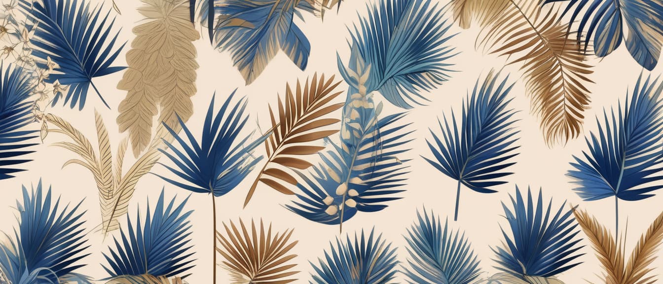  best quality, HD, Tropical floral wallpaper. Illustrations of plants, palm leaves and flowers for poster, greeting card, background or invitation. Muted trendy blue, beige, gold and bronze colors