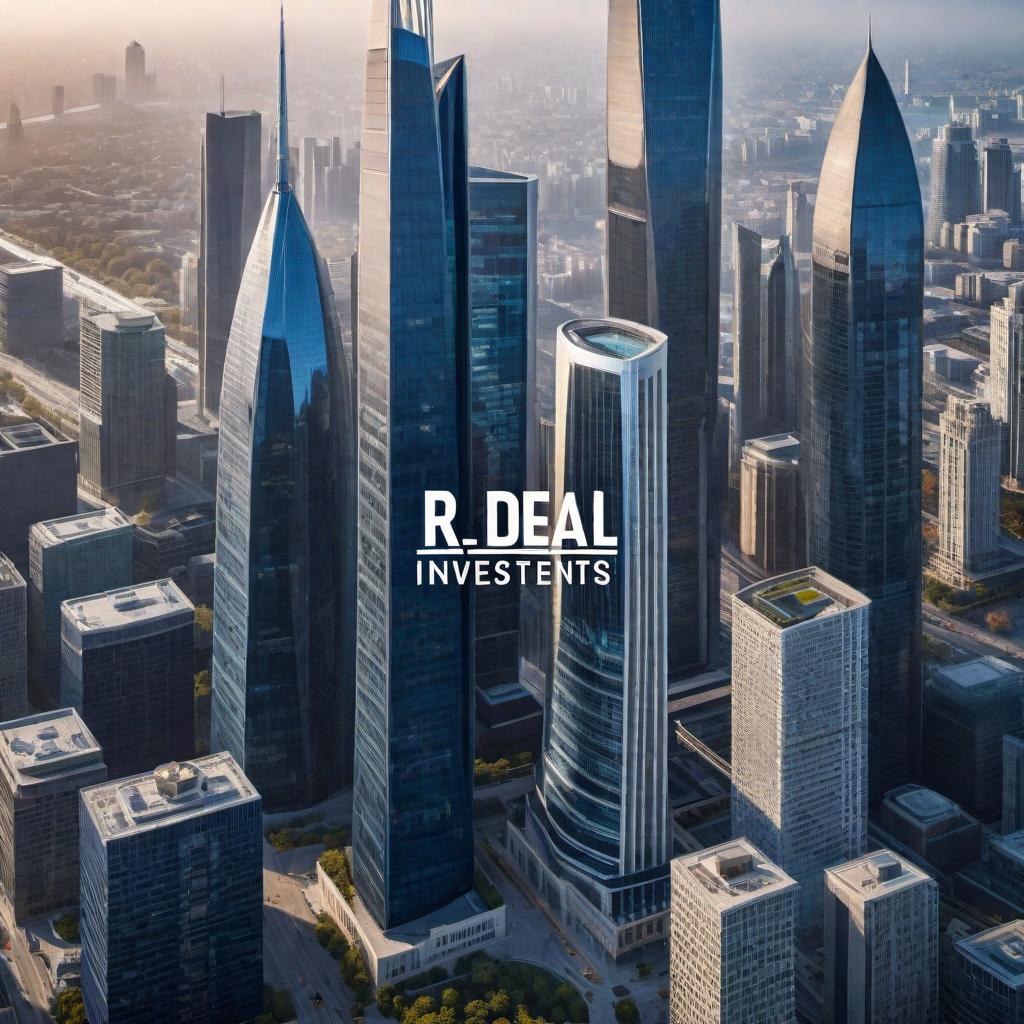  Create a high-quality logo for 'R Deal Investments LLC.' The logo should feature the company name 'R Deal Investments LLC' in dark blue lettering, prominently displayed. Surround the text with tall, modern buildings from the inner city to evoke a corporate and real estate theme. Ensure that the design is sleek, professional, and visually appealing, suitable for a commercial real estate acquisition company. hyperrealistic, full body, detailed clothing, highly detailed, cinematic lighting, stunningly beautiful, intricate, sharp focus, f/1. 8, 85mm, (centered image composition), (professionally color graded), ((bright soft diffused light)), volumetric fog, trending on instagram, trending on tumblr, HDR 4K, 8K