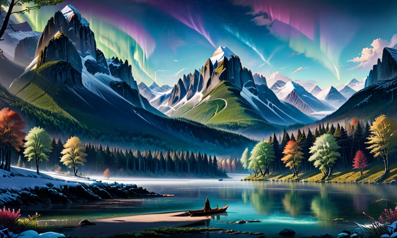  concept art The painting beckons with piercing purity and evokes the delicate beauty and marvellous atmosphere of the picturesque landscape, gives a feeling of flight. The fantastic painting depicts a mysterious plot, the transience of life, a surreal cosmic scene. It depicts an incredible stunning cosmic landscape with majestic mountains covered with snow in the background. Rainbow ice frozen on a lake, tall mystical trees. Bright northern lights and northern lights dancing in the sky, the northern lights creating a magical sight. Below, in the valley, an ancient forest with huge trees and mystical creatures spreads out. In the centre of the picture you can see a crystal clear lake reflecting the starry sky and moonlight. In the distance y hyperrealistic, full body, detailed clothing, highly detailed, cinematic lighting, stunningly beautiful, intricate, sharp focus, f/1. 8, 85mm, (centered image composition), (professionally color graded), ((bright soft diffused light)), volumetric fog, trending on instagram, trending on tumblr, HDR 4K, 8K