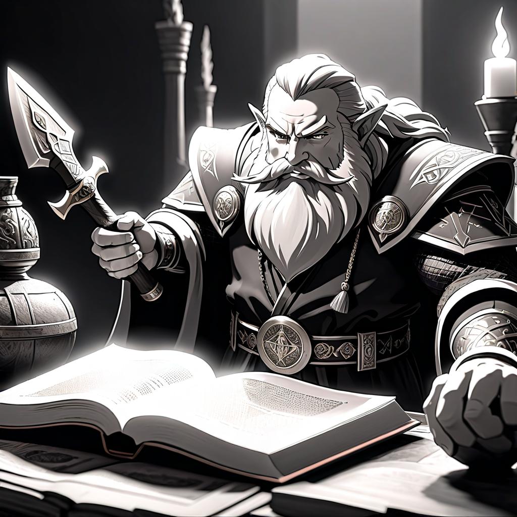  anime artwork Dwarf priest. In one hand a book, in the other an axe. Sketch for anime. Black and white. . anime style, key visual, vibrant, studio anime, highly detailed hyperrealistic, full body, detailed clothing, highly detailed, cinematic lighting, stunningly beautiful, intricate, sharp focus, f/1. 8, 85mm, (centered image composition), (professionally color graded), ((bright soft diffused light)), volumetric fog, trending on instagram, trending on tumblr, HDR 4K, 8K