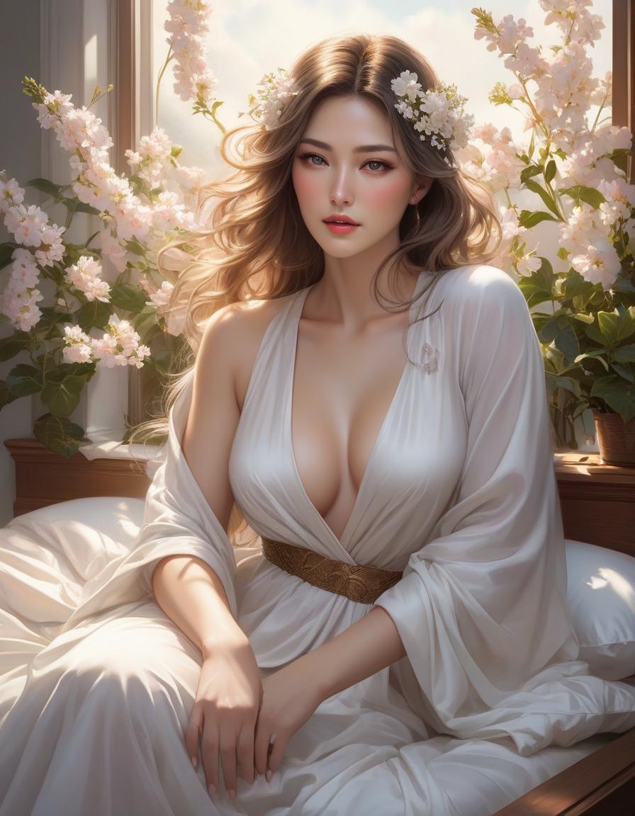  concept art A woman is peacefully asleep amid white sheets and blooming flowers, with soft light streaming through a window. a woman laying on top of a bed next to a window, a photorealistic painting, inspired by Magali Villeneuve, trending on Artstation, fantasy art, girl in a bed of flowers, soft pale golden skin, portrait of a woman sleeping, in the early morning, jingna zhang . digital artwork, illustrative, painterly, matte painting, highly detailed hyperrealistic, full body, detailed clothing, highly detailed, cinematic lighting, stunningly beautiful, intricate, sharp focus, f/1. 8, 85mm, (centered image composition), (professionally color graded), ((bright soft diffused light)), volumetric fog, trending on instagram, trending on tumblr, HDR 4K, 8K