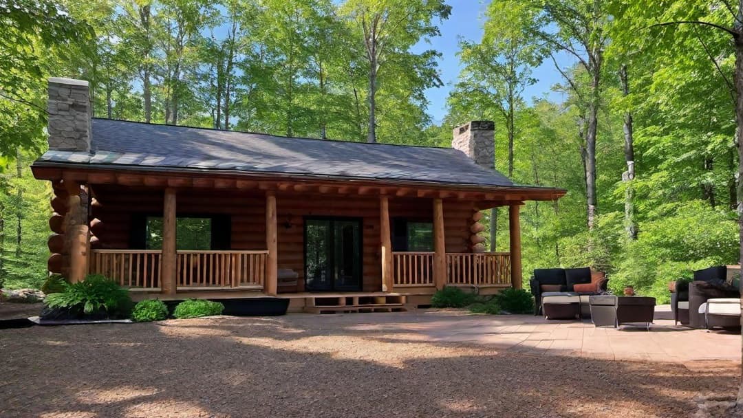  Spacious Patio with Log Furniture, log cabin exterior, zoom out to see the full home, sharp and crisp, bright and sunny