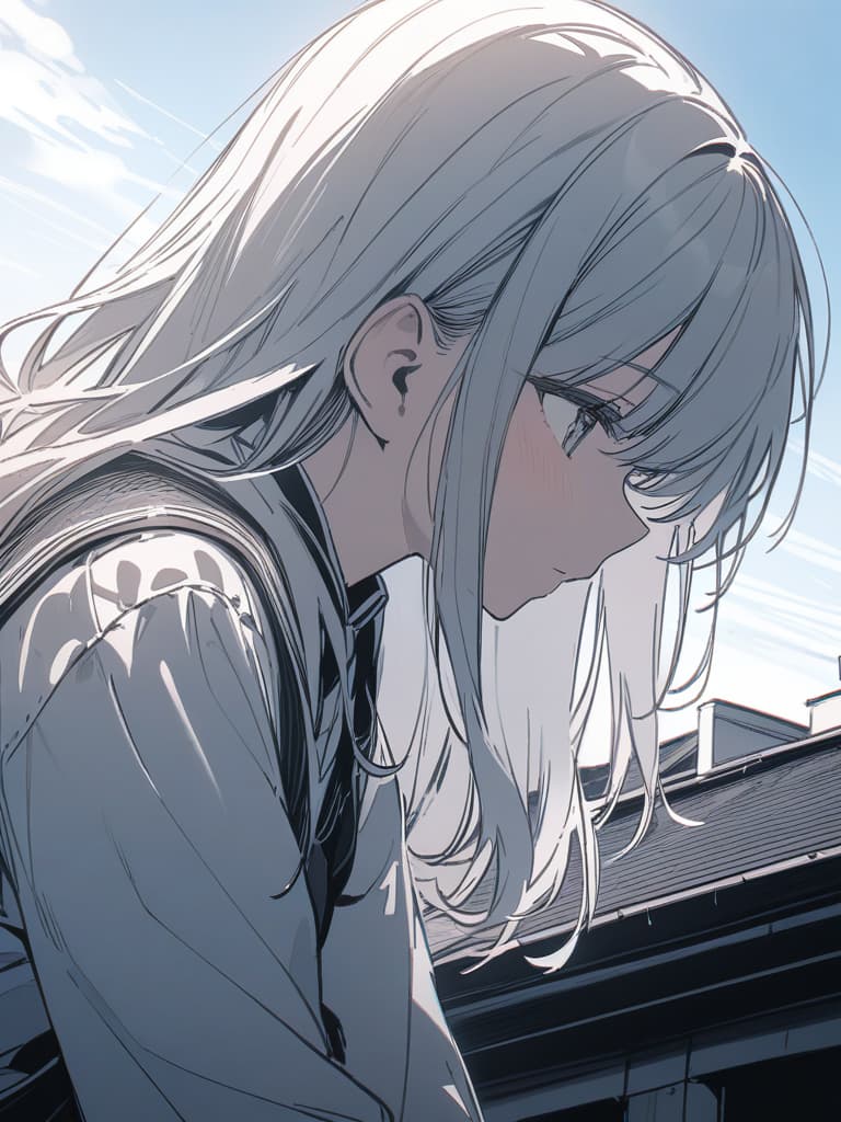  Monochrome, long hair, girl, cute, profile, wind, uniform, school rooftop, sky background, trumpet, masterpiece, best quality,8k,ultra detailed,high resolution,an extremely delicate and beautiful,hyper detail