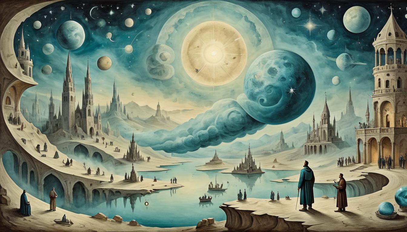  on parchment, surrealism+++, Daily life scenes, cosmic backdrop, silent observers noting actions, reflective, observant, interconnected(mysterious, provocative, symbolic,muted color)+++