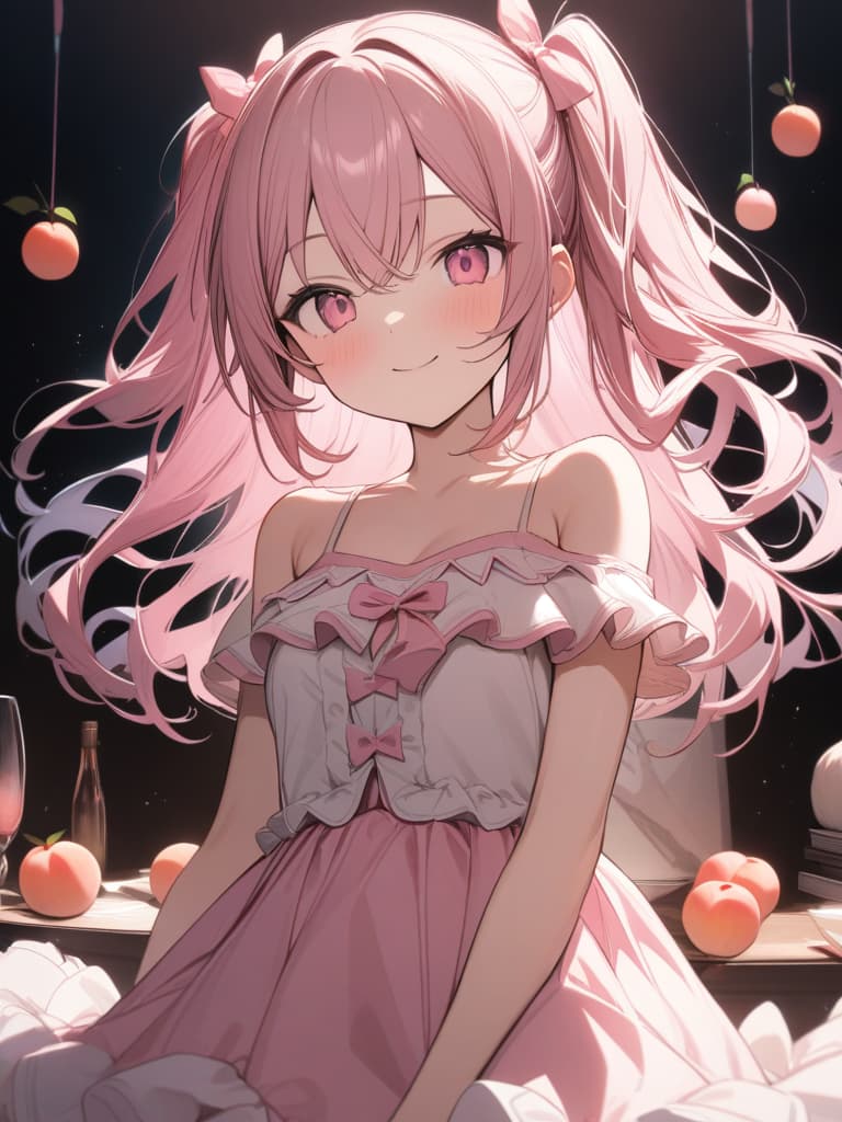  Cute, , exposure, smiling, big s, long hair, pink frill dress, pink eyes, pink hair color, , , twin tail, ribbon, fluffy hair, camisole, shelled, peach, peach Decoration, , masterpiece, best quality,8k,ultra detailed,high resolution,an extremely delicate and beautiful,hyper detail