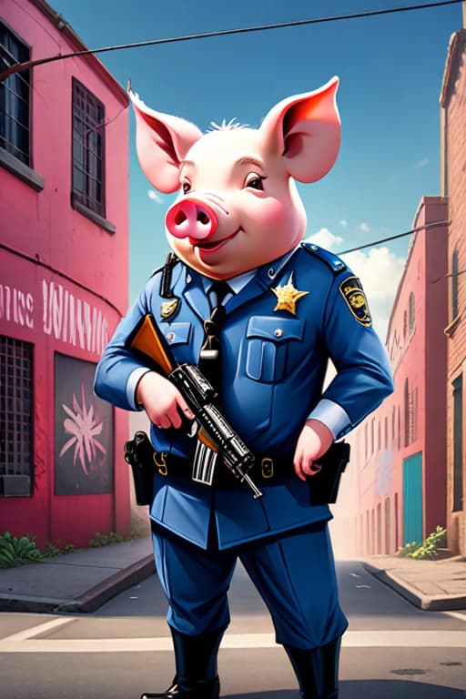  Pig wearing a police uniform. Pig is wearing ray ban sunglasses . Aiming shotgun. Graffiti background hyperrealistic, full body, detailed clothing, highly detailed, cinematic lighting, stunningly beautiful, intricate, sharp focus, f/1. 8, 85mm, (centered image composition), (professionally color graded), ((bright soft diffused light)), volumetric fog, trending on instagram, trending on tumblr, HDR 4K, 8K