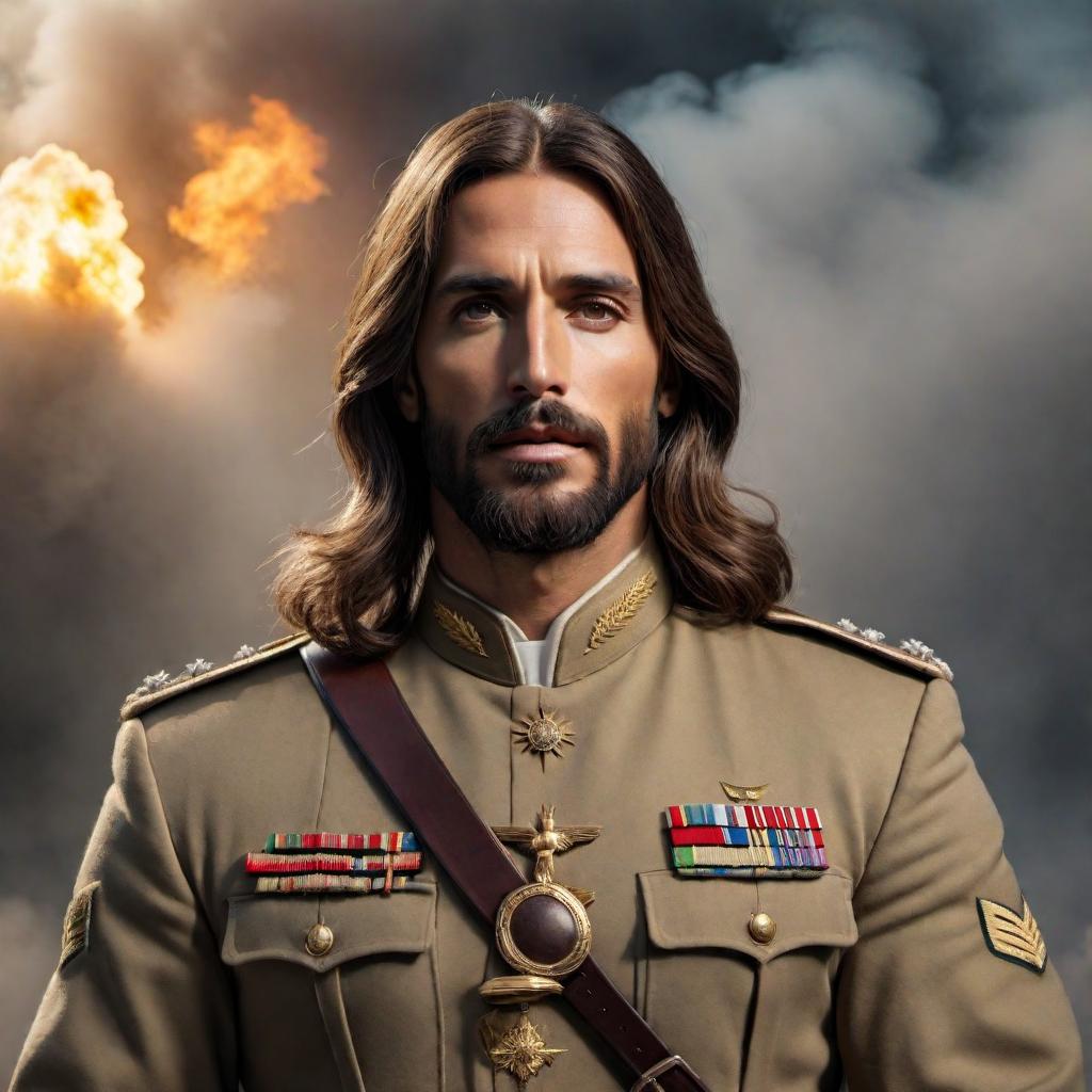  Jesus wearing army battle dress uniform (BTU), blending historical and modern elements, in a respectful and thoughtful manner hyperrealistic, full body, detailed clothing, highly detailed, cinematic lighting, stunningly beautiful, intricate, sharp focus, f/1. 8, 85mm, (centered image composition), (professionally color graded), ((bright soft diffused light)), volumetric fog, trending on instagram, trending on tumblr, HDR 4K, 8K