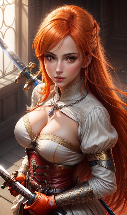  (((woman))), (((a detailed sword))), Scenario, (detailed realistic background:1.3), (official art, beautiful and aesthetic:1.2), realistic lighting, ((orange hair)), <lora:GoodHands beta2:1>