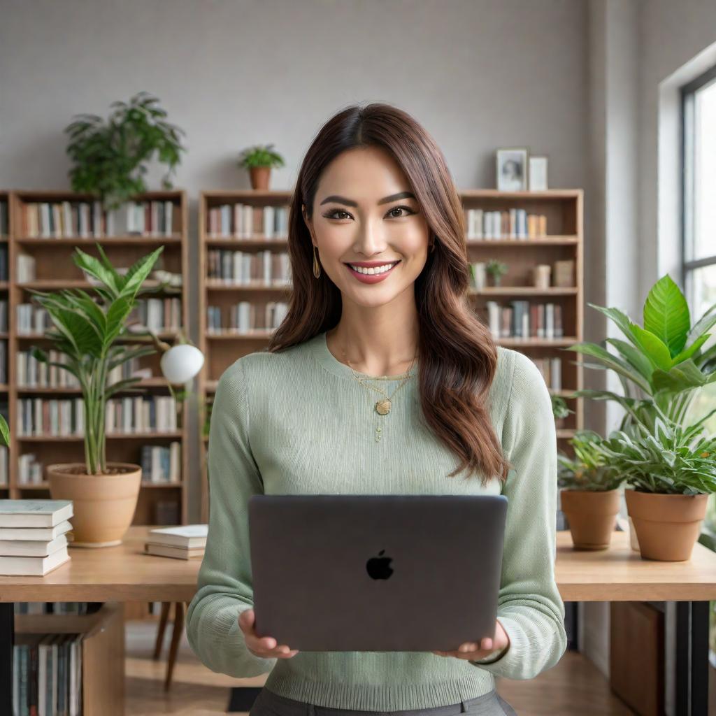  A friendly AI assistant encouraging the user to upload an image for analysis. The AI assistant is depicted on a computer screen, featuring a smiling, approachable digital avatar. The background shows a cozy, well-lit room with plants and bookshelves, emphasizing a supportive and inviting environment. hyperrealistic, full body, detailed clothing, highly detailed, cinematic lighting, stunningly beautiful, intricate, sharp focus, f/1. 8, 85mm, (centered image composition), (professionally color graded), ((bright soft diffused light)), volumetric fog, trending on instagram, trending on tumblr, HDR 4K, 8K