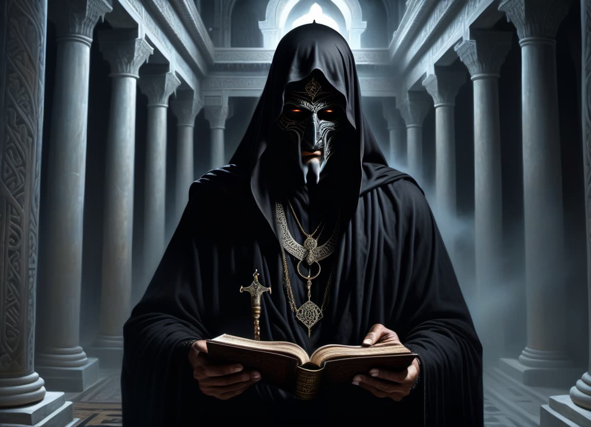  A painting with oil paints, the insane Arab AlHazred reads the Necronomicon in a gloomy temple, a scary setting, horrors, and perfect details in the image, attention to detail, maximum clarity in the painting, professional, realistic drawing with oils, in the best traditions of painting, masterpiece, a work of art. hyperrealistic, full body, detailed clothing, highly detailed, cinematic lighting, stunningly beautiful, intricate, sharp focus, f/1. 8, 85mm, (centered image composition), (professionally color graded), ((bright soft diffused light)), volumetric fog, trending on instagram, trending on tumblr, HDR 4K, 8K