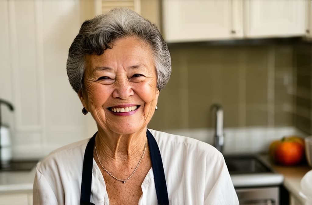  portrait of elderly smiling woman, blurred kitchen background ar 3:2, cinematic, (muted colors:1.2), background (filmic:0.7)