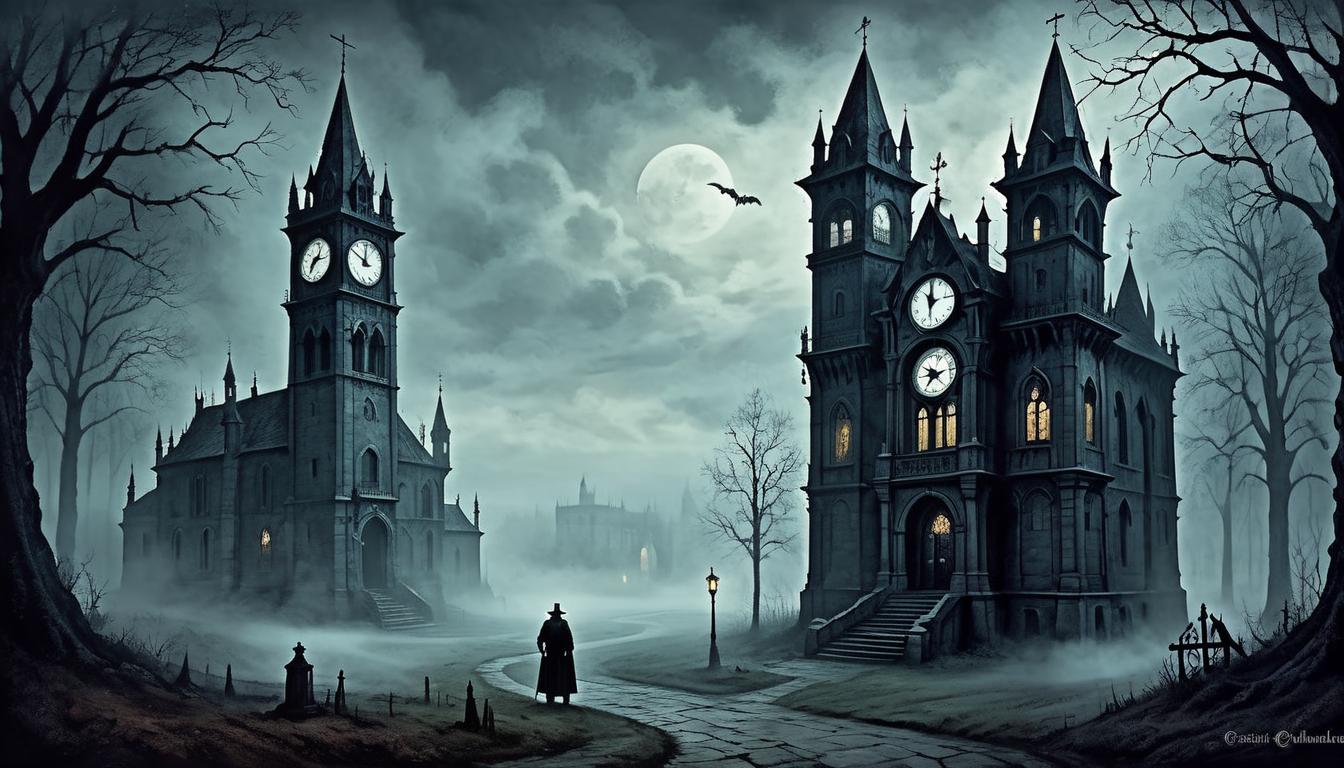  on parchment, surrealism+++, Dark Gothic clock tower, set at 3:30 AM, mist and shadows, eerie yet tranquil atmosphere(mysterious, provocative, symbolic,muted color)+++