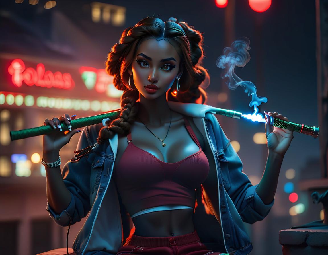  A girl is sitting on the roof against the backdrop of a night city, her hair is plaited, her hair is dark, wearing jeans shorts and white sneakers, profile view, smoking a hookah. hyperrealistic, full body, detailed clothing, highly detailed, cinematic lighting, stunningly beautiful, intricate, sharp focus, f/1. 8, 85mm, (centered image composition), (professionally color graded), ((bright soft diffused light)), volumetric fog, trending on instagram, trending on tumblr, HDR 4K, 8K