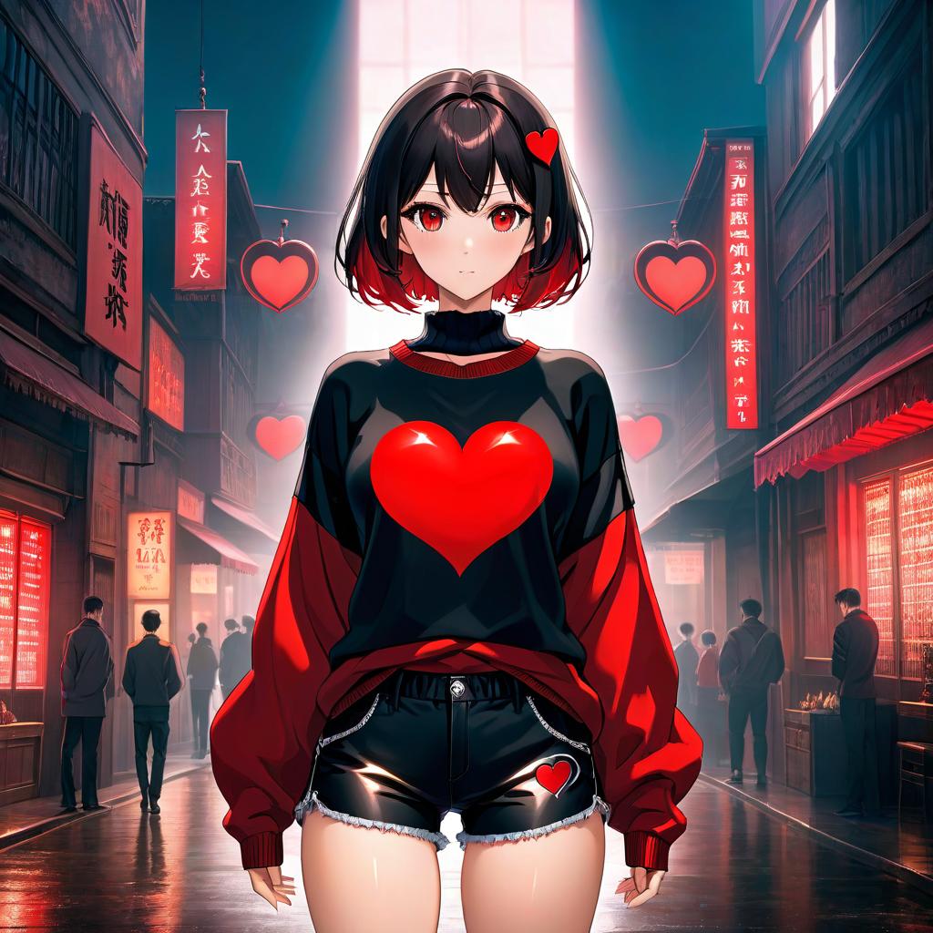  anime artwork A nine yea , beautiful face, black red sweater with a heart in the middle, perfect body shape, large s, black red shorts. . anime style, key visual, vint, studio anime, highly detailed hyperrealistic, full body, detailed clothing, highly detailed, cinematic lighting, stunningly beautiful, intricate, sharp focus, f/1. 8, 85mm, (centered image composition), (professionally color graded), ((bright soft diffused light)), volumetric fog, trending on instagram, trending on tumblr, HDR 4K, 8K