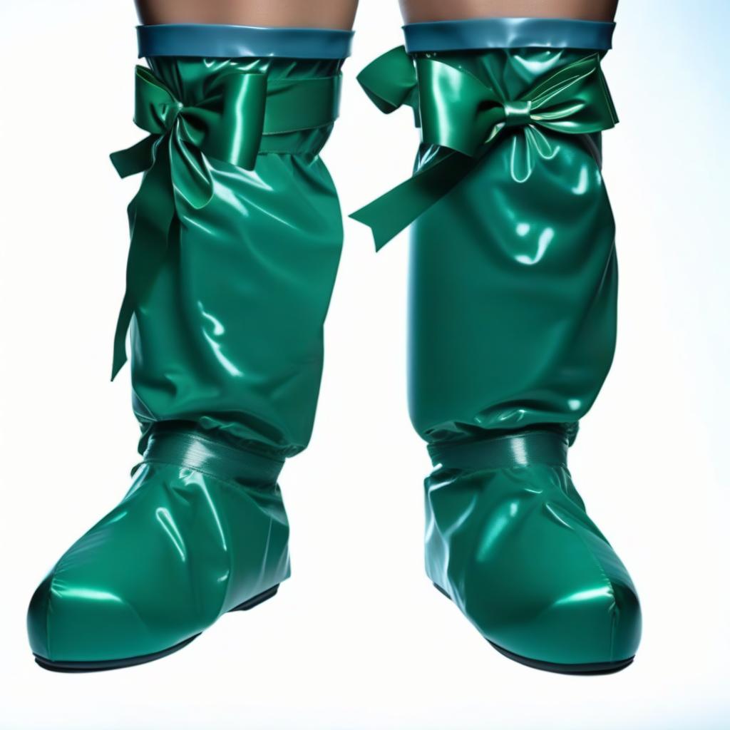  operating room shoes, high surgical shoe covers, knee high, with ribbon ties, the lower half from sole to ankle, from glossy latex dark blue, the upper half from ankle to knee, from glossy latex dark green, flat soled, without heels, front view, full face, full length hyperrealistic, full body, detailed clothing, highly detailed, cinematic lighting, stunningly beautiful, intricate, sharp focus, f/1. 8, 85mm, (centered image composition), (professionally color graded), ((bright soft diffused light)), volumetric fog, trending on instagram, trending on tumblr, HDR 4K, 8K