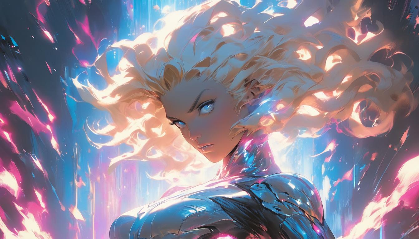  hyperrealism,fantasy aesthetic1woman, large busted attractive blonde arian female humanoid, glowing aura, standing on a cosmic stage, divine presence, high tech clothing clad in sleek, futuristic costume with metallic accents and form fitting designs, marvel superhero comics style, unreal engine rendering