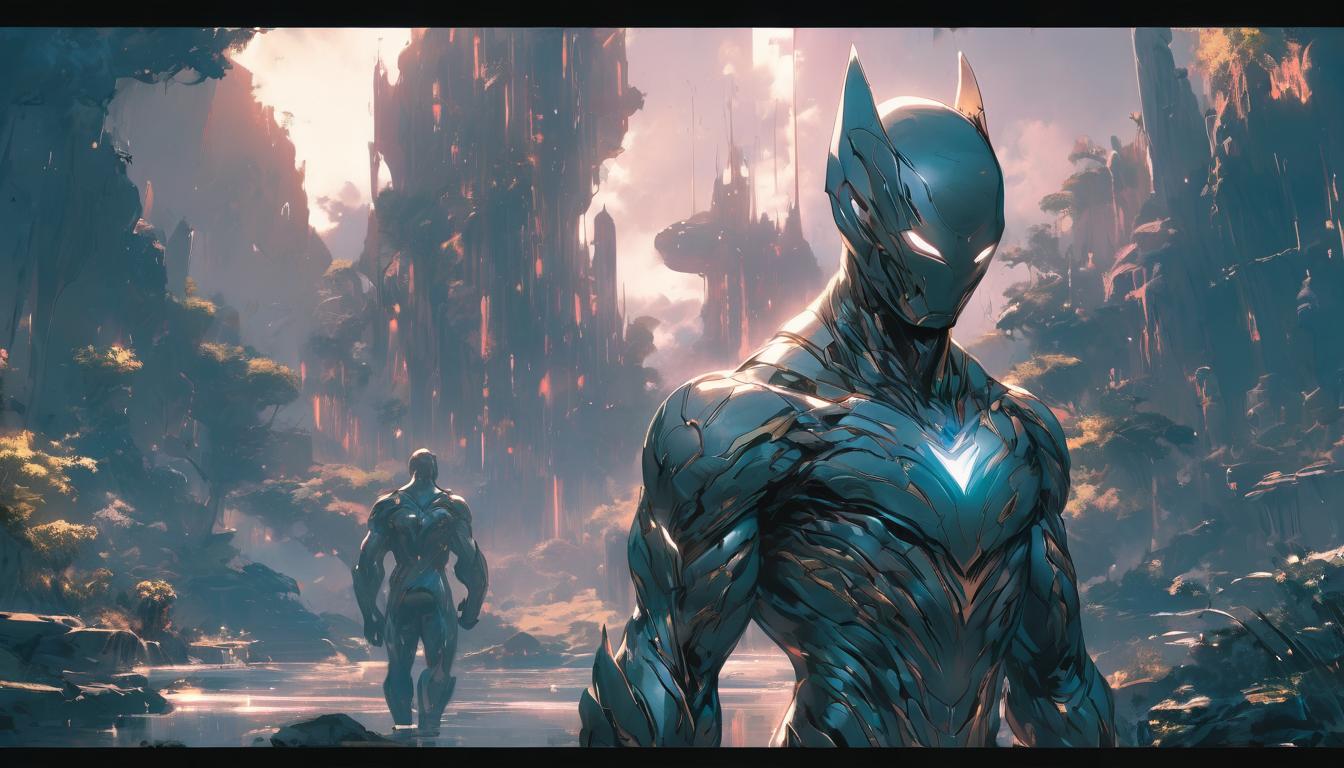  hyperrealism,fantasy aestheticA serene landscape, devoid of disturbances, calm, clarity, high tech clothing clad in sleek, futuristic costume with metallic accents and form fitting designs, marvel superhero comics style, unreal engine rendering