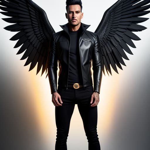  black jacket with golden trips, inside it black t shirt with eagle wings design and skin tight black jeans for man Cinematic , Bold and Vibrant, Bold and Daring hyperrealistic, full body, detailed clothing, highly detailed, cinematic lighting, stunningly beautiful, intricate, sharp focus, f/1. 8, 85mm, (centered image composition), (professionally color graded), ((bright soft diffused light)), volumetric fog, trending on instagram, trending on tumblr, HDR 4K, 8K