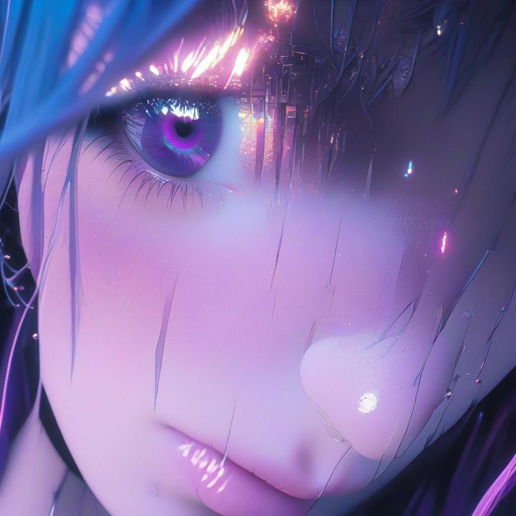  Cloudy, crying girl, purple hair, pink eyes, glitch effect, purple dominating color, anime hyperrealistic, full body, detailed clothing, highly detailed, cinematic lighting, stunningly beautiful, intricate, sharp focus, f/1. 8, 85mm, (centered image composition), (professionally color graded), ((bright soft diffused light)), volumetric fog, trending on instagram, trending on tumblr, HDR 4K, 8K