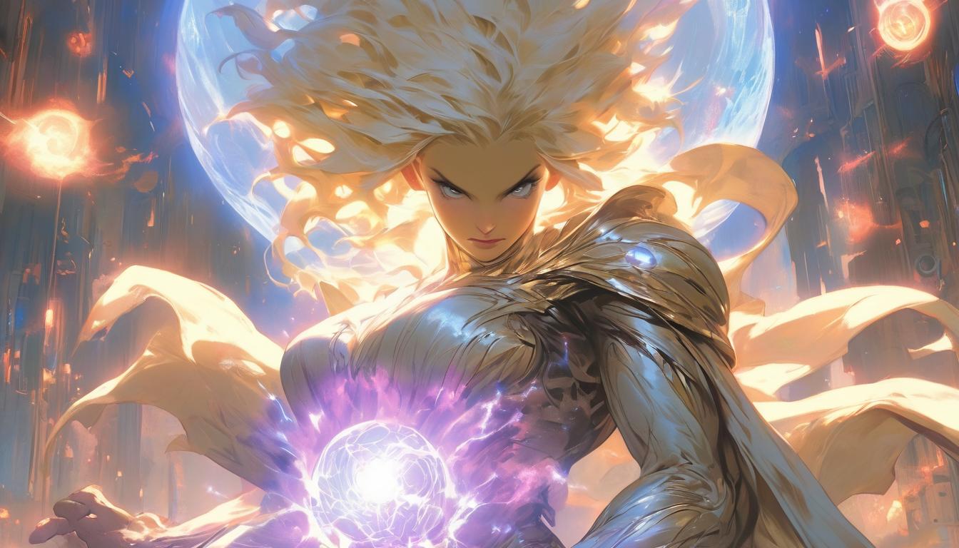  hyperrealism,fantasy aesthetic1woman, large busted attractive blonde arian female humanoid dressed in flowing robes, holding a glowing orb symbolizing Gaia, planetary views in the background, divine and majestic atmosphere, high tech clothing clad in sleek, futuristic costume with metallic accents and form fitting designs, marvel superhero comics style, unreal engine rendering