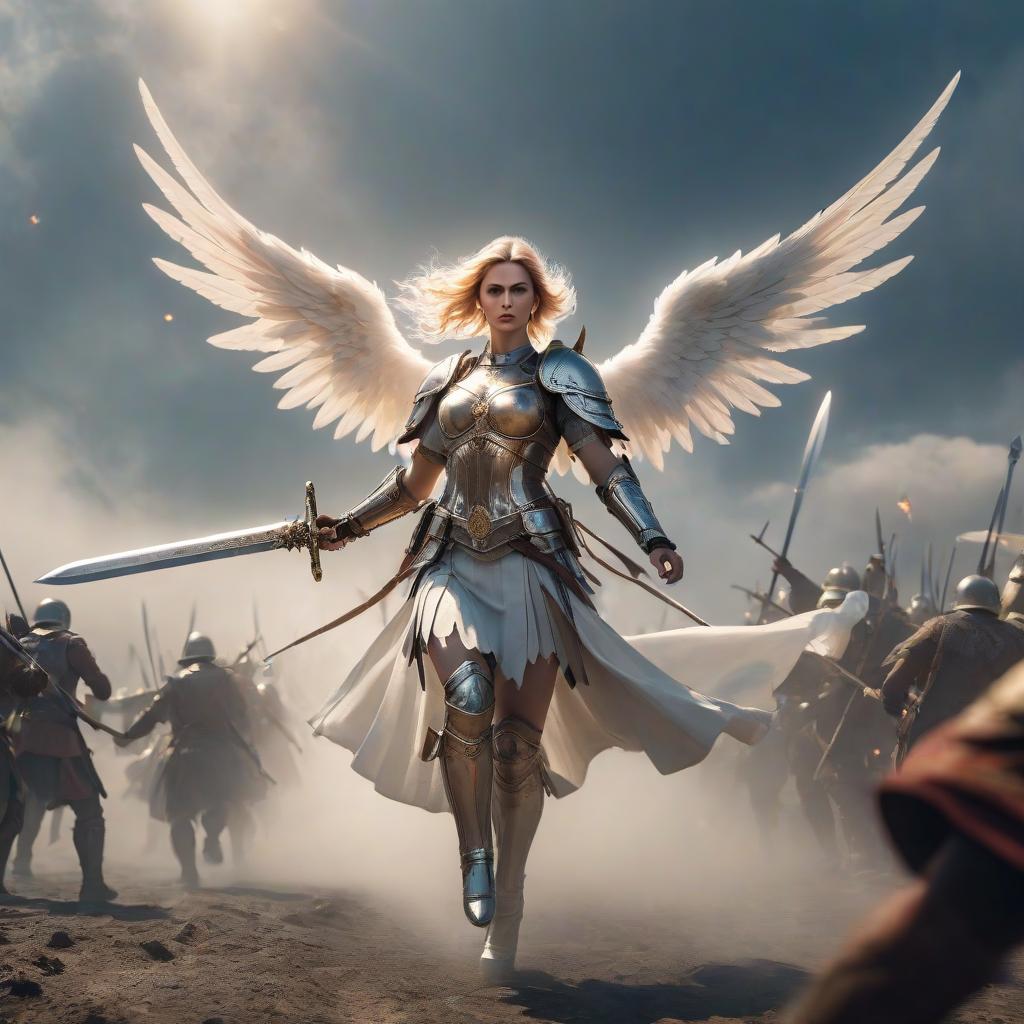  An angel warrior with a sword in hand flies to war. hyperrealistic, full body, detailed clothing, highly detailed, cinematic lighting, stunningly beautiful, intricate, sharp focus, f/1. 8, 85mm, (centered image composition), (professionally color graded), ((bright soft diffused light)), volumetric fog, trending on instagram, trending on tumblr, HDR 4K, 8K