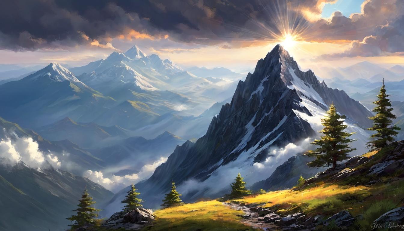  digital painting of A mountain peak, sunlight breaking through clouds, rays illuminating a towering summit, expansive sky, distant horizons, rugged terrain, sense of achievement, boundless potential looking at viewer, dynamic pose, (intricate details, masterpiece, best quality)