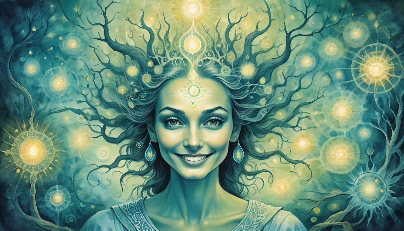  on parchment, surrealism+++, Person smiling, radiant aura surrounding, cells glowing with positive energy, serene environment, ethereal glow, fostering health and regeneration(mysterious, provocative, symbolic,muted color)+++