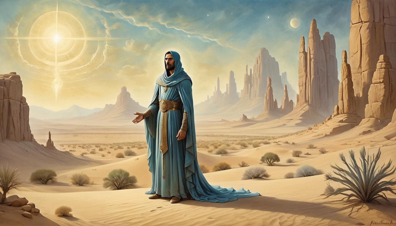  on parchment, surrealism+++, Vision of a radiant, ethereal figure, divine light radiating, serene yet powerful presence. Desert landscape in background, awe inspiring, transcendental encounter(mysterious, provocative, symbolic,muted color)+++