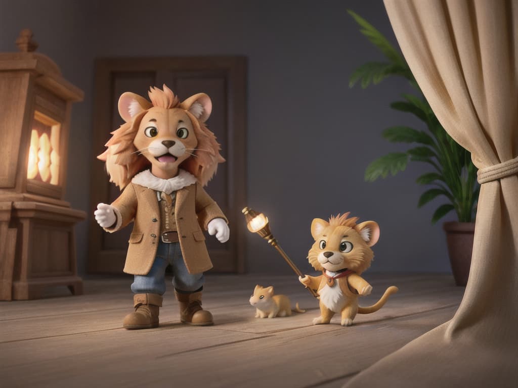  A small mouse approaches the sleeping lion. ,cartoon,colorful,3d,cute hyperrealistic, full body, detailed clothing, highly detailed, cinematic lighting, stunningly beautiful, intricate, sharp focus, f/1. 8, 85mm, (centered image composition), (professionally color graded), ((bright soft diffused light)), volumetric fog, trending on instagram, trending on tumblr, HDR 4K, 8K