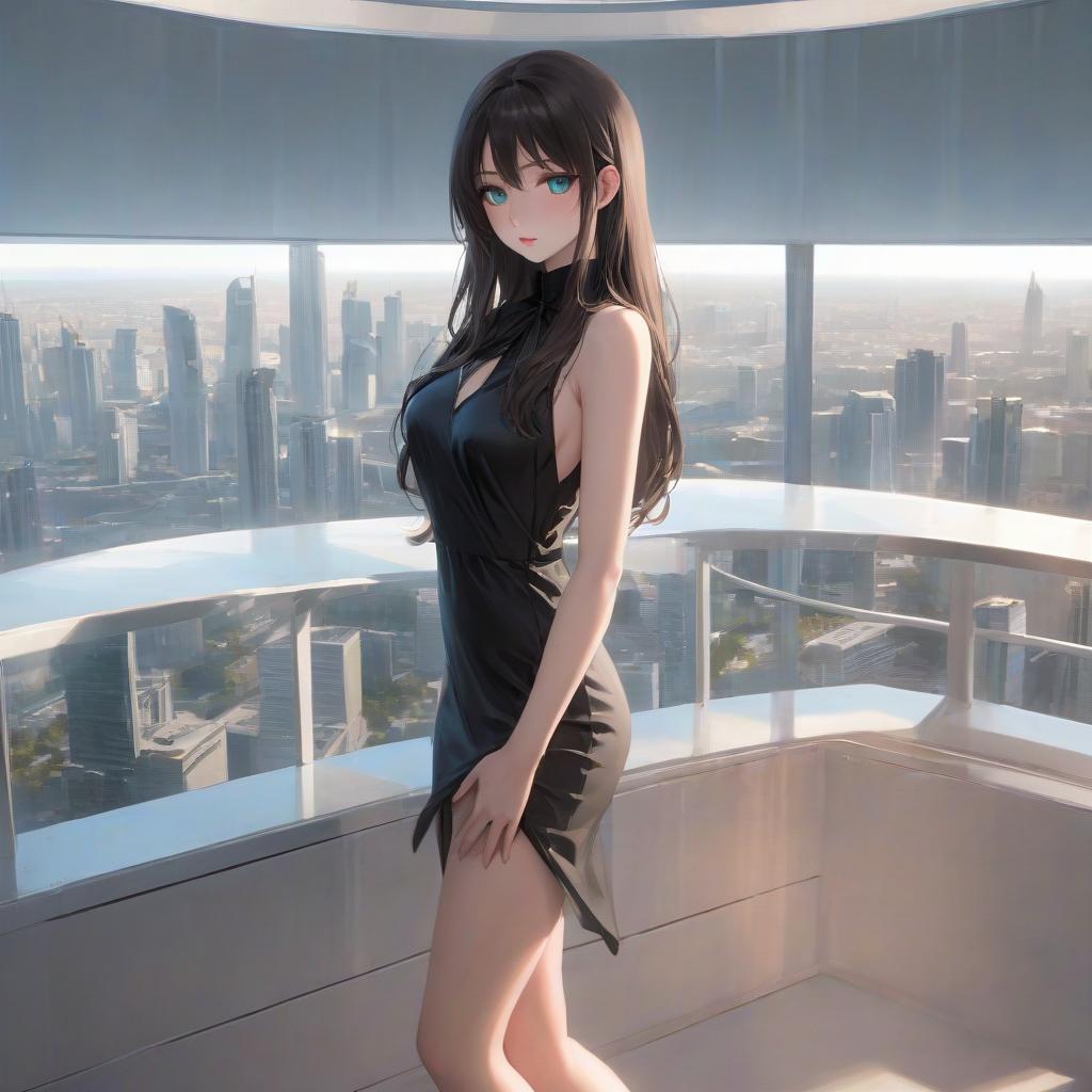  anime artwork Маленькая человекоподобная обезьяна в обмуbeautiful , , white skinned, European, blue eyes, long brown straight hair, slender figure, small neat s, dressed in a black dress with a white collar and white cuffs, full length, against the backdrop of a modern city. Skyscrs of Moscow City (photorealism, oil painting: 1.3), (full length shot: 1.3), charming , long flowing black hair, (large sensual mouth: 1.2), plump lips, sparkling emerald eyes , narrow waist, (sensual drawing: 1.2), silvery glow, ethereal aura, detailed brushwork, intricate shadows and highlights, mysterious and captivating expression, unique color palette, masterful use of light and shadow hyperrealistic, full body, detailed clothing, highly detailed, cinematic lighting, stunningly beautiful, intricate, sharp focus, f/1. 8, 85mm, (centered image composition), (professionally color graded), ((bright soft diffused light)), volumetric fog, trending on instagram, trending on tumblr, HDR 4K, 8K