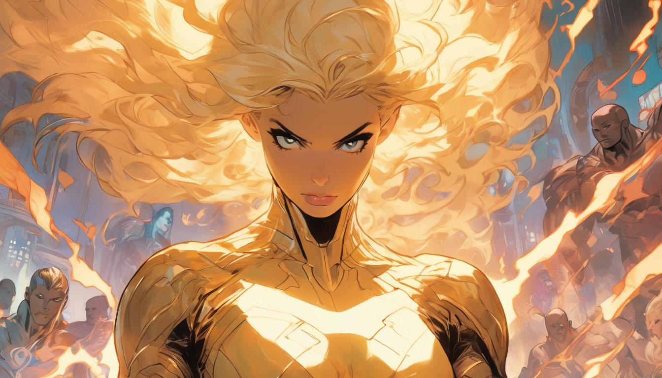  hyperrealism,fantasy aesthetic1woman, large busted attractive blonde arian humanoid, supported by network of enlightened beings, all radiating light, celestial backdrop, high tech clothing clad in sleek, futuristic costume with metallic accents and form fitting designs, marvel superhero comics style, unreal engine rendering