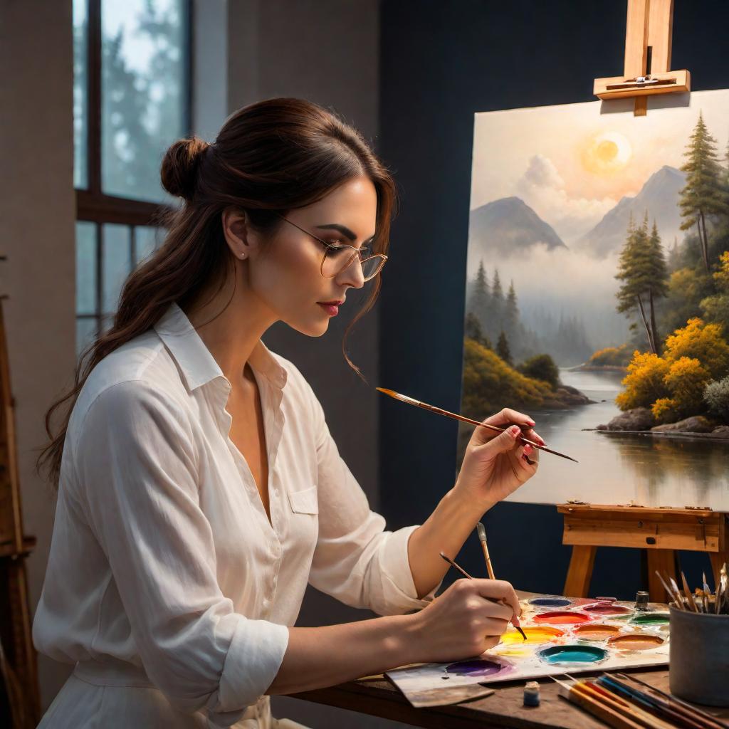  A woman painting on a canvas. She is deeply engrossed in her artwork. The surroundings are cozy and artistic, with art supplies scattered around. The lighting is warm and inviting, creating an intimate atmosphere. The woman appears content and focused, expressing her creativity through her painting. hyperrealistic, full body, detailed clothing, highly detailed, cinematic lighting, stunningly beautiful, intricate, sharp focus, f/1. 8, 85mm, (centered image composition), (professionally color graded), ((bright soft diffused light)), volumetric fog, trending on instagram, trending on tumblr, HDR 4K, 8K