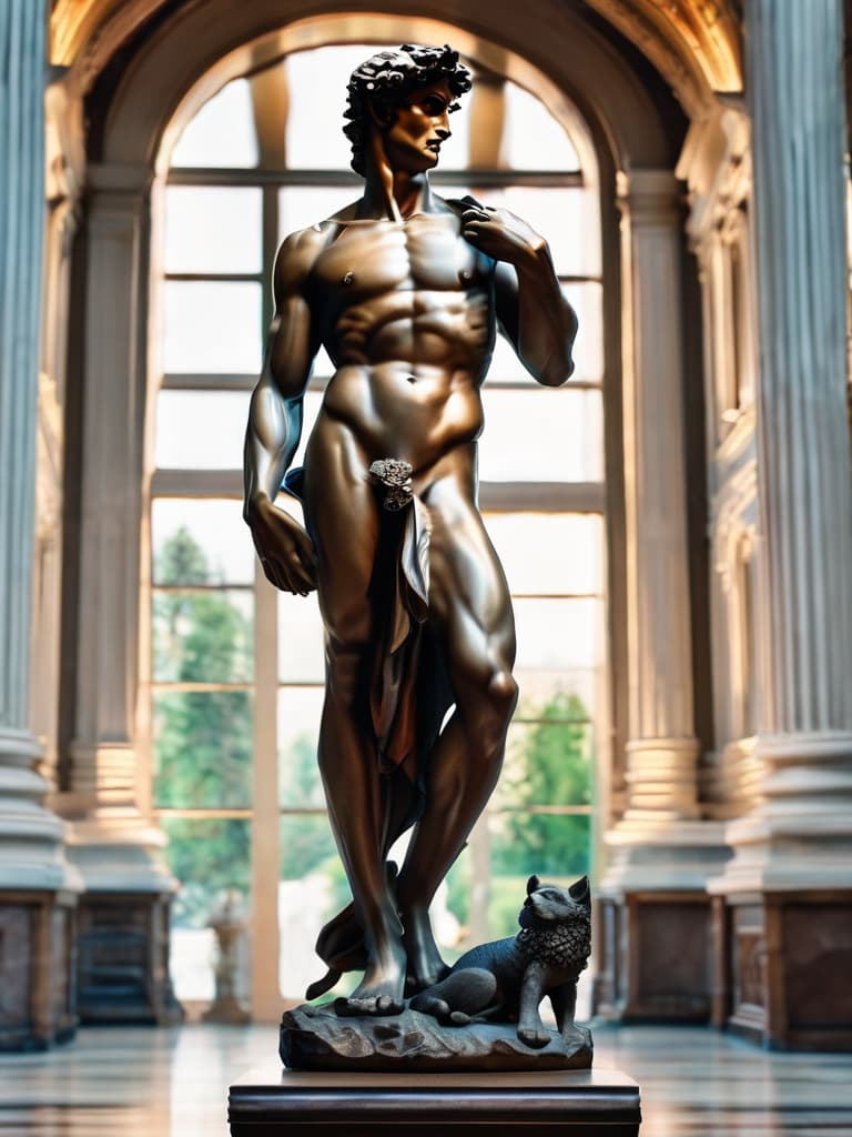  David by Michelangelo hyperrealistic, full body, detailed clothing, highly detailed, cinematic lighting, stunningly beautiful, intricate, sharp focus, f/1. 8, 85mm, (centered image composition), (professionally color graded), ((bright soft diffused light)), volumetric fog, trending on instagram, trending on tumblr, HDR 4K, 8K