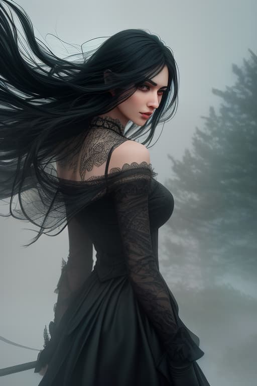  A slender young . Black hair is flowing freely in the wind. Green eyes. There is fog in the background, a gloomy atmosphere hyperrealistic, full body, detailed clothing, highly detailed, cinematic lighting, stunningly beautiful, intricate, sharp focus, f/1. 8, 85mm, (centered image composition), (professionally color graded), ((bright soft diffused light)), volumetric fog, trending on instagram, trending on tumblr, HDR 4K, 8K