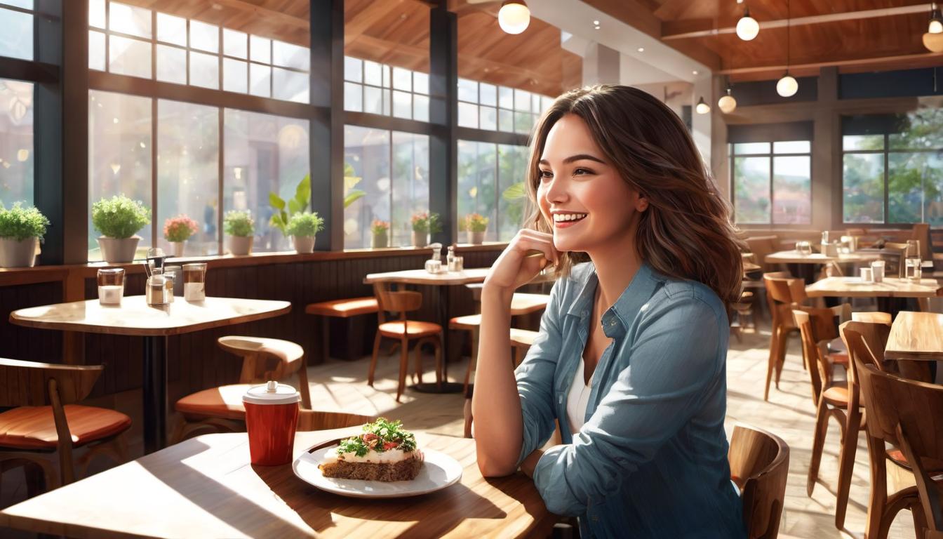  digital illustration, 1woman, cheerful expression, engaged in animated conversation, bright cafe interior, sunlight streaming through windows, sense of connection, energy, hope, looking at viewer, dynamic pose, (intricate details, masterpiece, best quality)